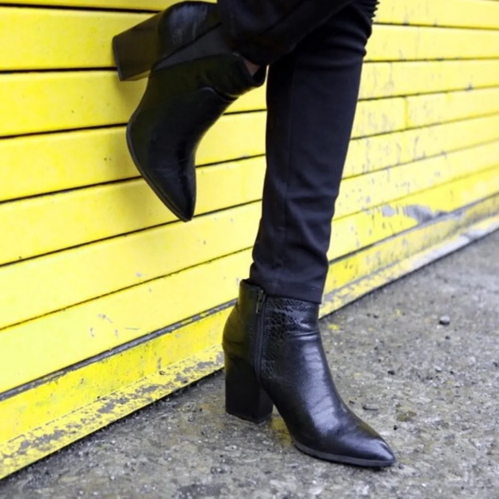 BAR III Black Faux Snake Pointed Toe Ankle Boots